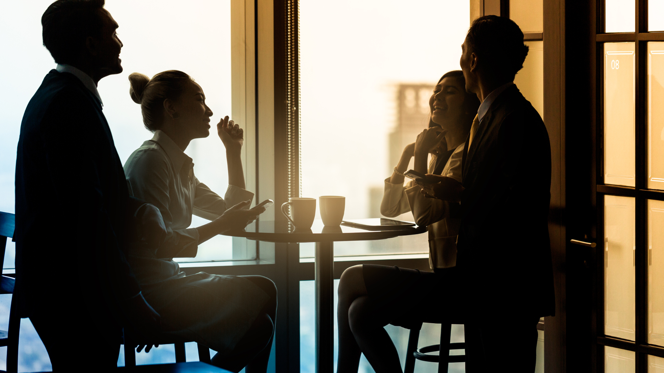 group of office employees having coffee break